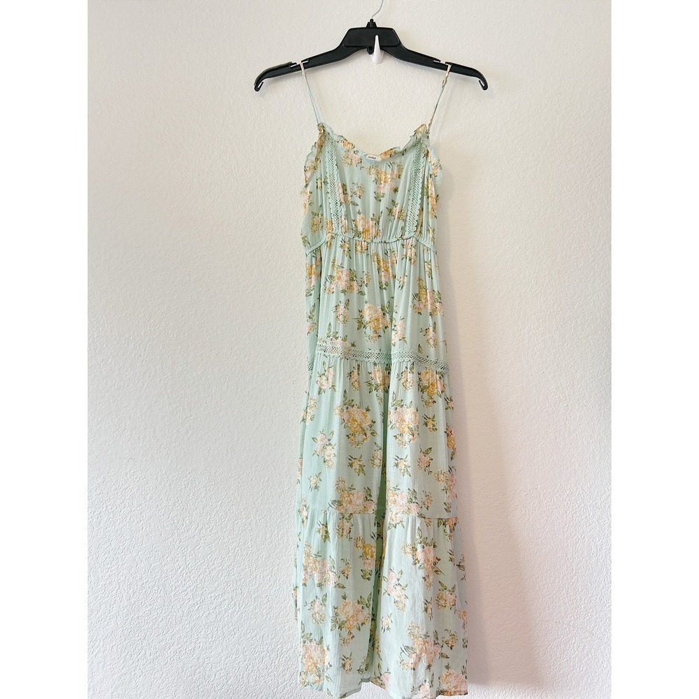 Floral Boho Festival Spring Maxi Dress Mint Green Tiered Lace‎ Trim SZ S
